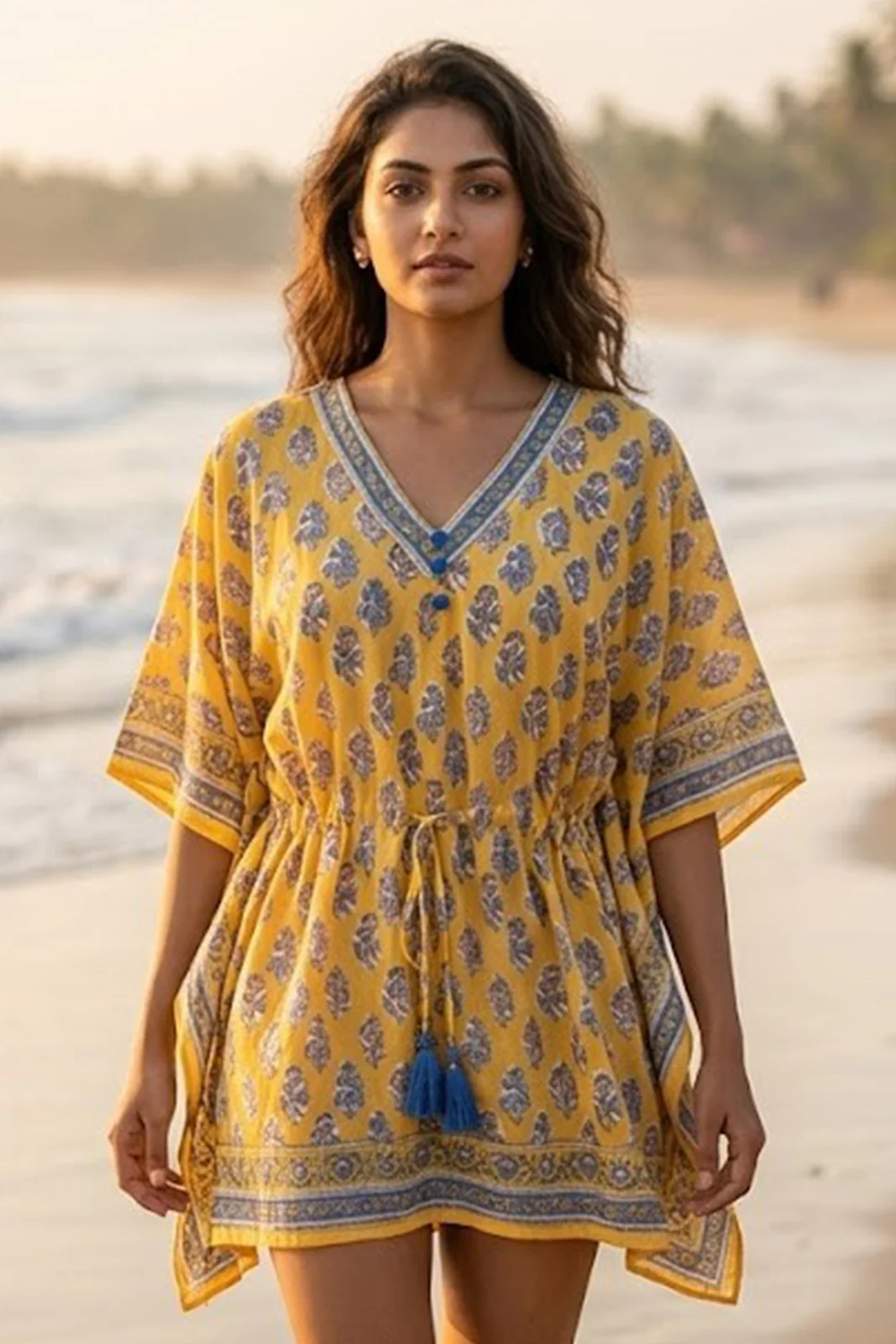 YELLOW BLOCK PRINTED KAFTAN TOP-NVK569