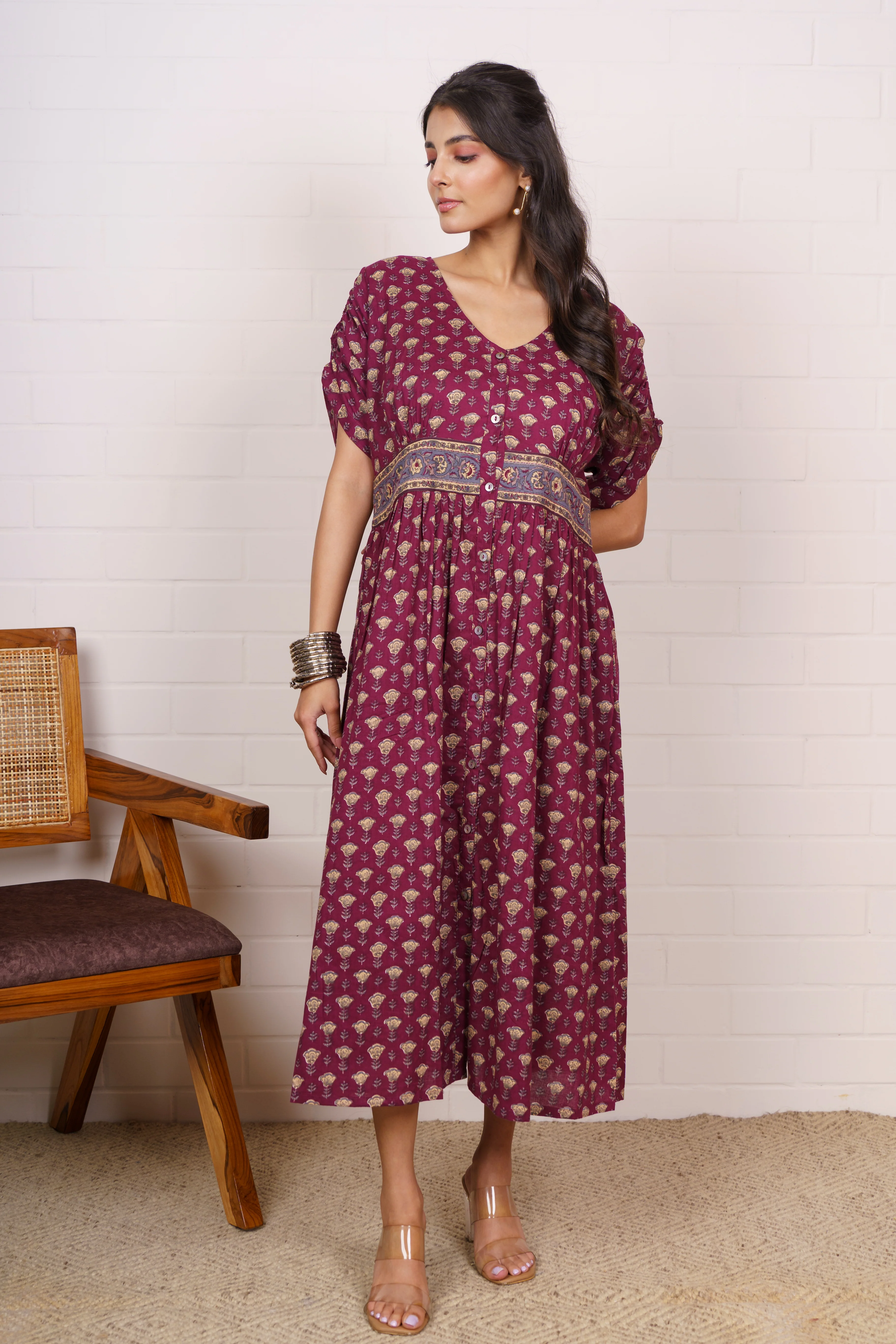 Boho Maroon Cotton Gather Dress-NFD80